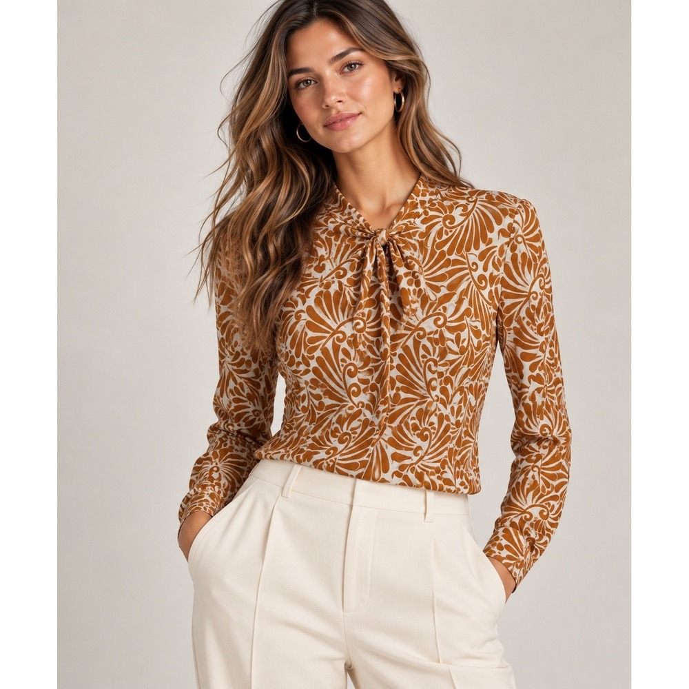 Liz Claiborne Orange Scroll Tie Neck Career Long Sleeve Blouse, S